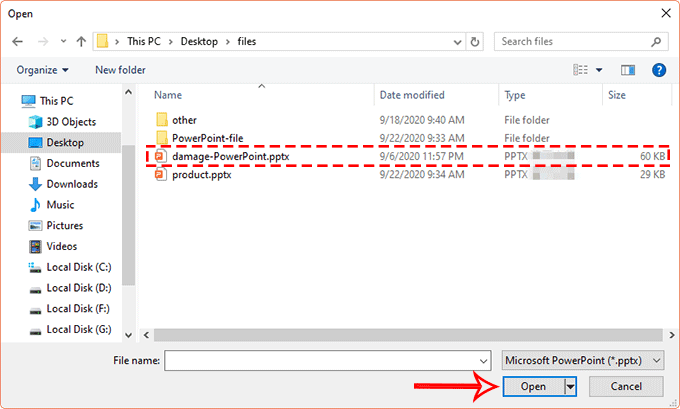 select corrupt file to open
