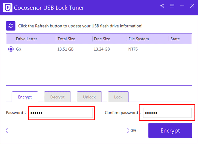 set the password to encrypt USB