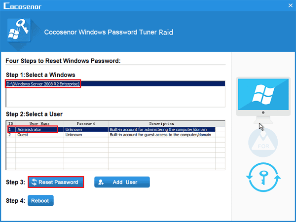 reset widows server raid password