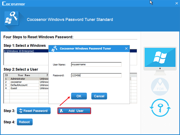 type user name and password