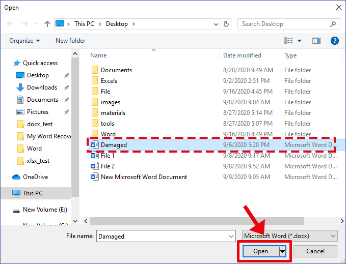 select corrupt file to open